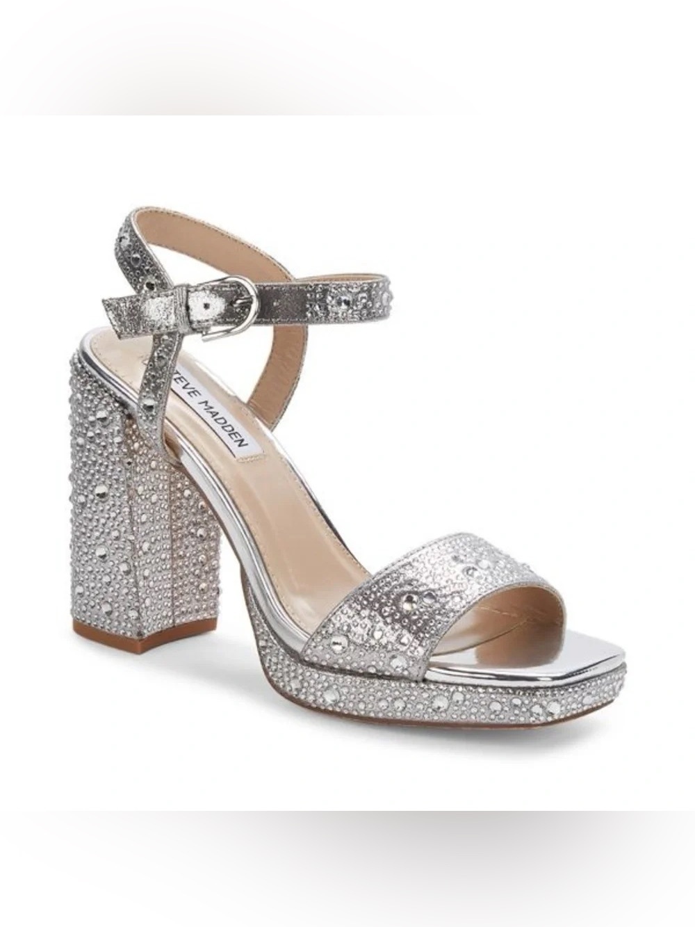 Steve Madden Celeste Rhinestone Sparkly Silver Block Heels Size 8.5